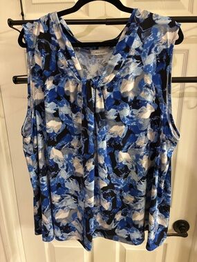 Calvin Klein Blue White and Black Abstract Tie-Neck Sleeveless Top